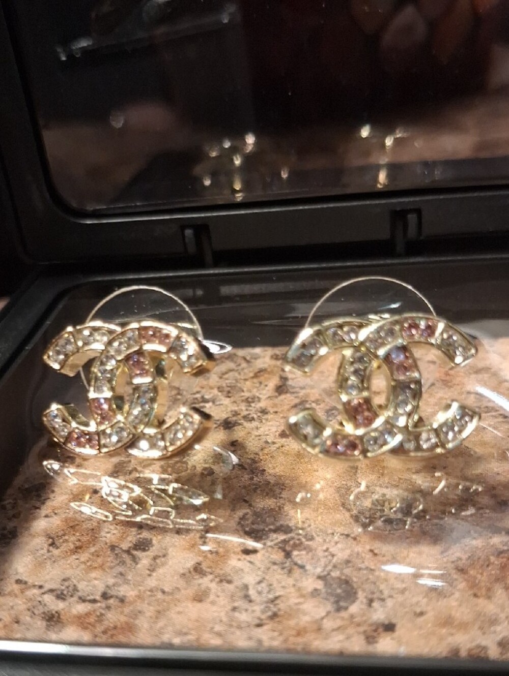 Authentic CHANEL Silver Pink & Crystal Interlocking CC Stud Earrings